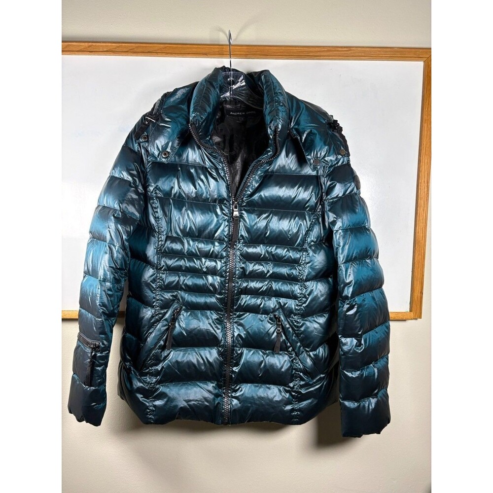 Andrew Marc Puffer Jacket Women's L Teal 650 Fill Down Hooded Metallic Coat